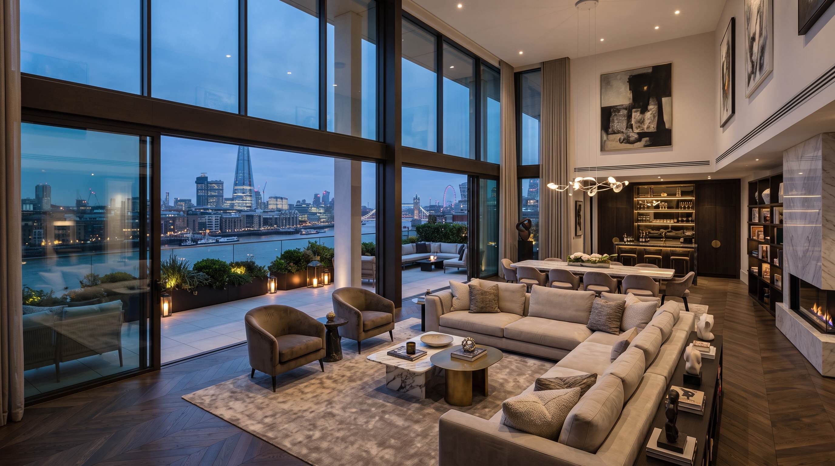 Penthouse living room with floor-to-ceiling windows overlooking the Thames at dusk