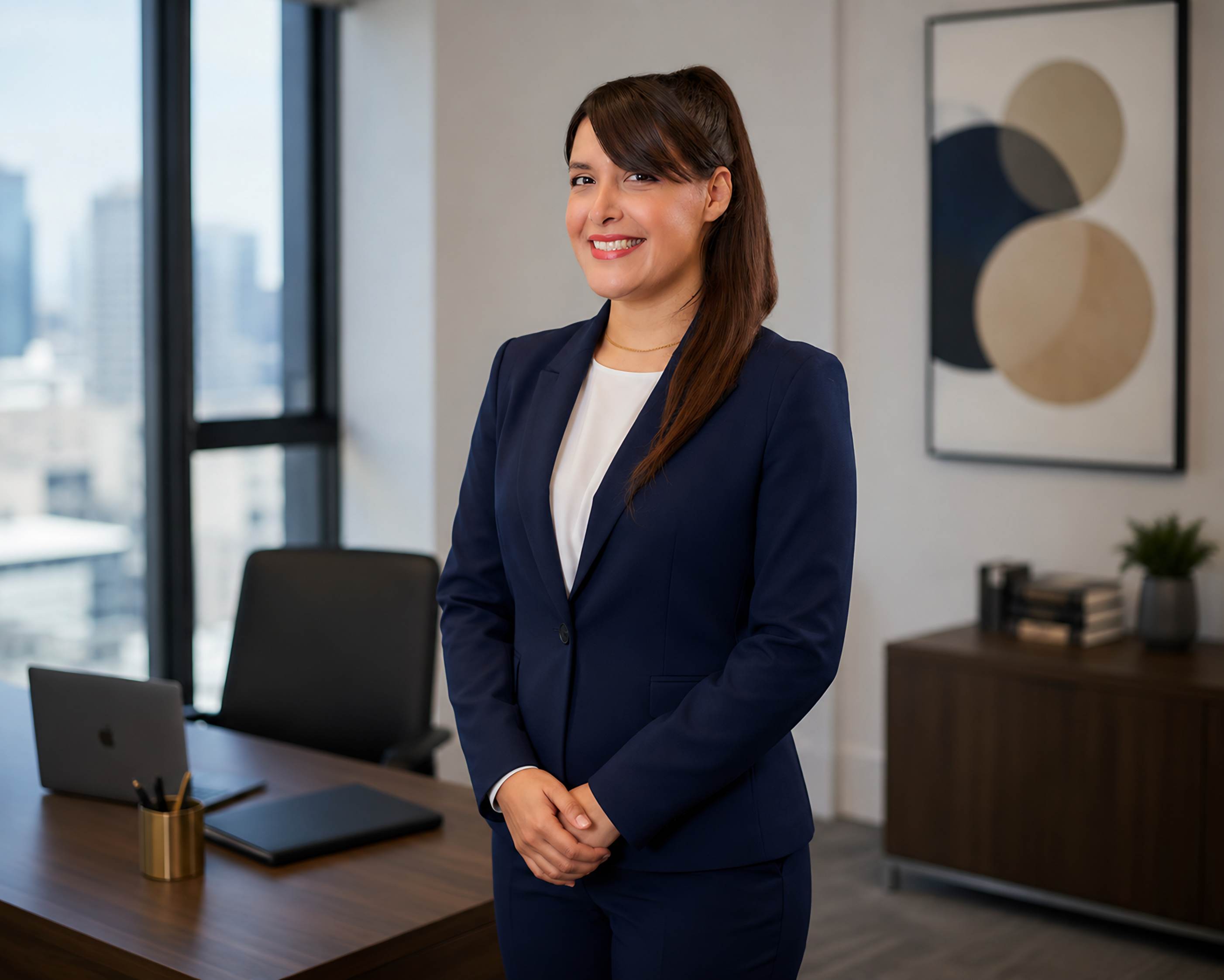 Mahgol Afjari, Consultant Solicitor, standing in a London office