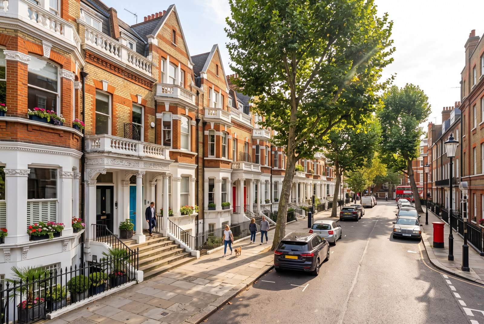 Red-brick Victorian terraces on a tree-lined street
