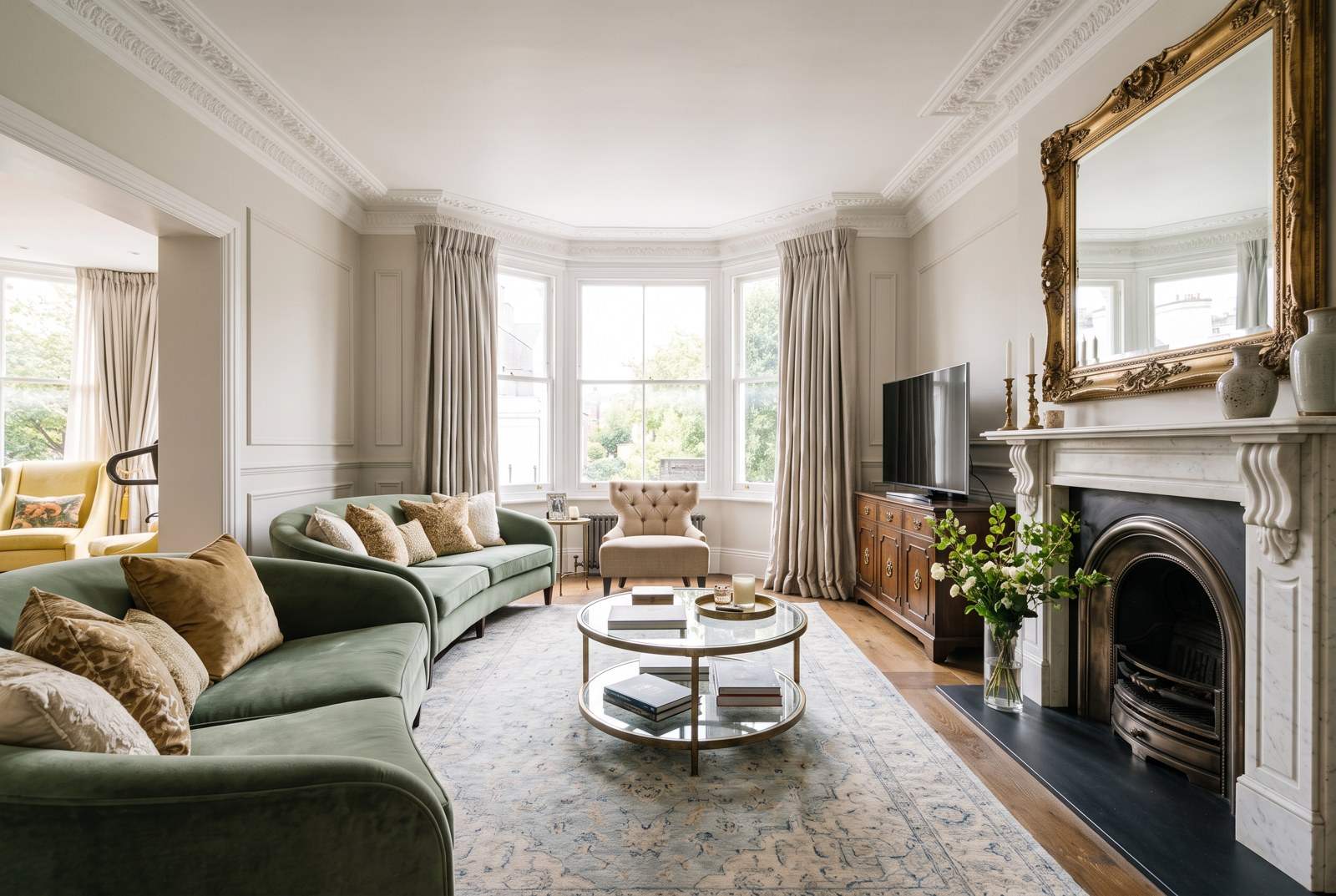Elegant sitting room with a marble fireplace and bay window