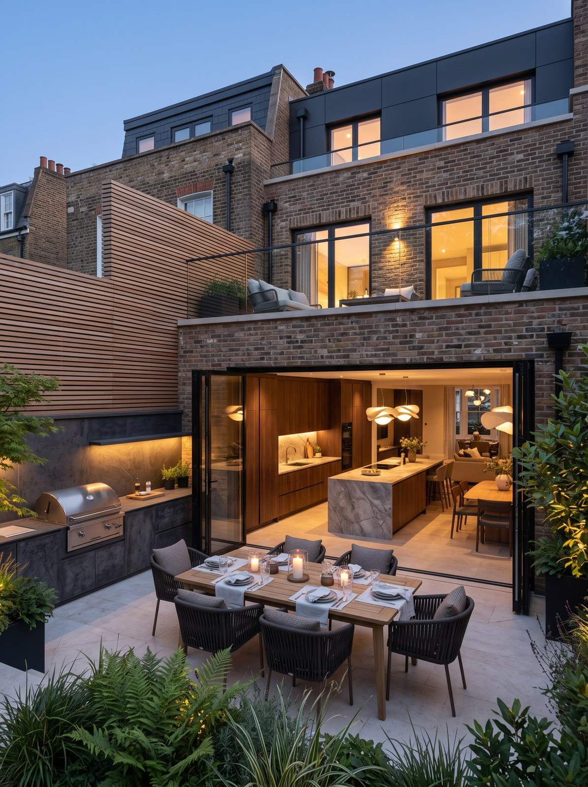 Modern townhouse with a lit terrace at dusk