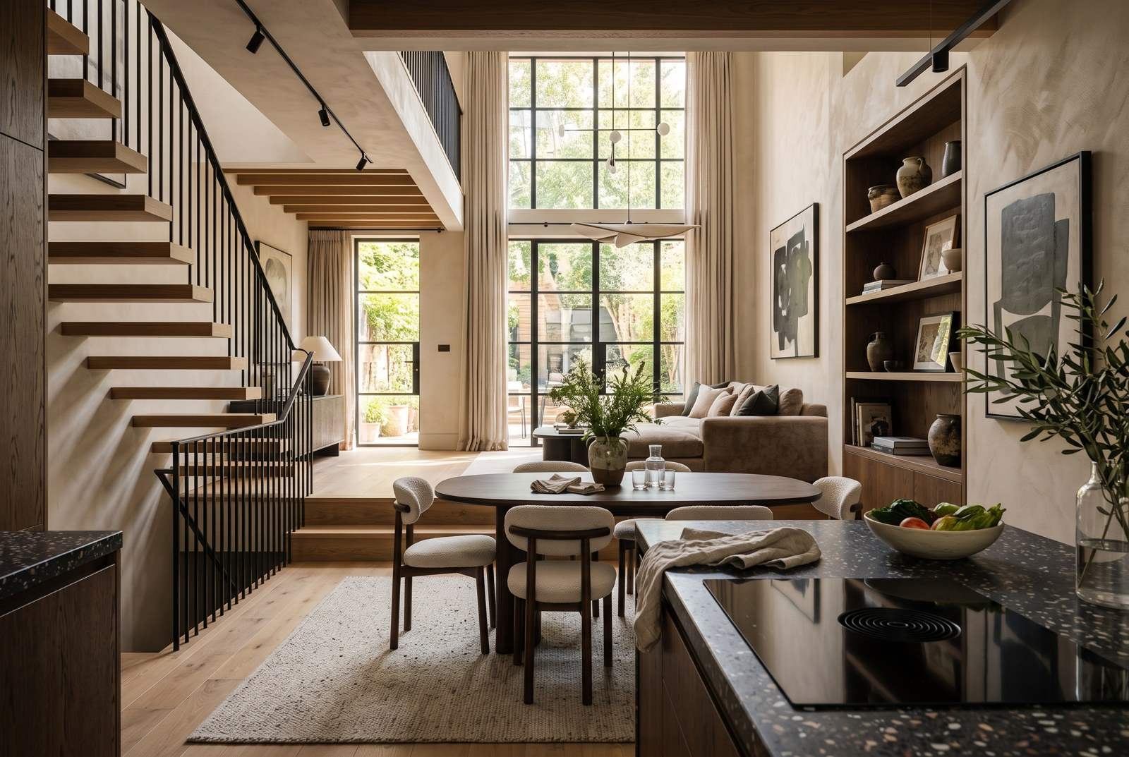 Renovated open-plan kitchen with a staircase and tall windows